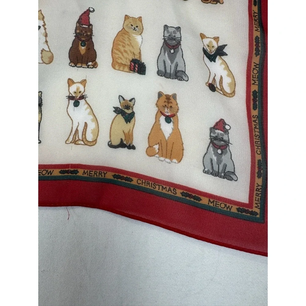 Vtg Christmas Cat Meow Neck Scarf Polyester‎ Santa Hats Korea 20